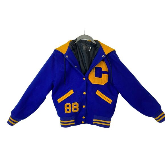 Varsity Jacket Letterman Women's Blue Gold Wool Button Front SZ S 1988 Cougars